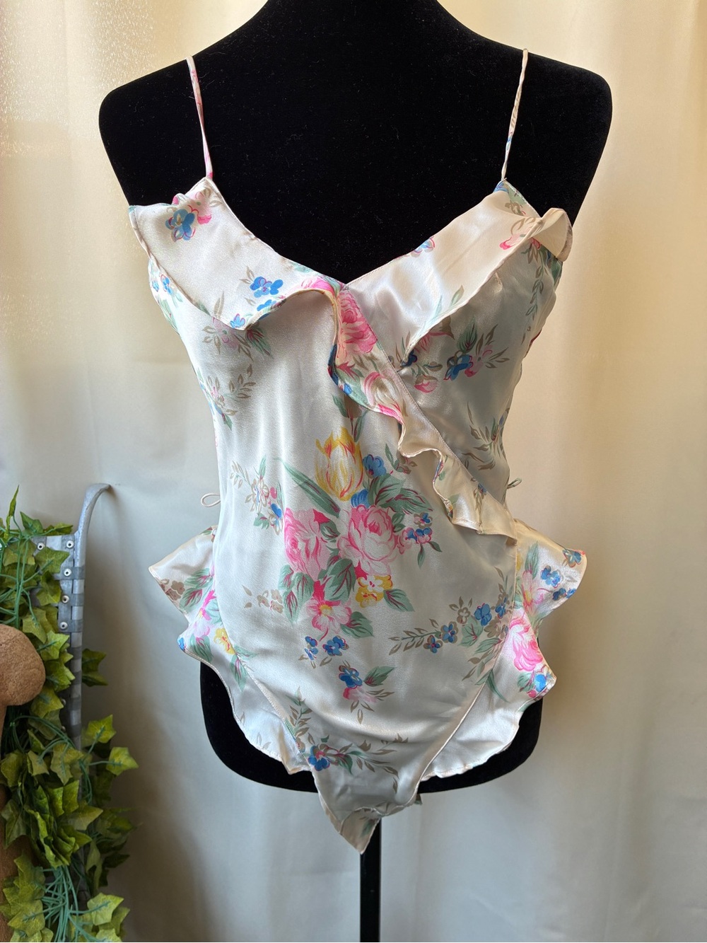 Vintage Victoria's Secret Gold Label Cream Satin Floral Ruffle Teddy